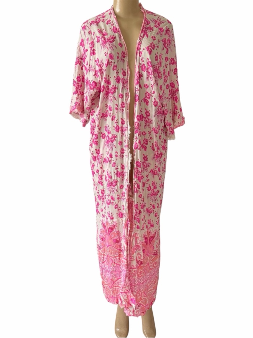 Free People pink floral frayed edges floor length robe kimono Summer S